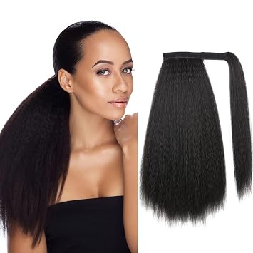 WIGNEE Kinky Straight Ponytail Wrap Around Long Ponytail Extension Natural Black Yaki Ponytail Extension for Black Women Pony Tails Hair Extensions Natural Black, 16 Inches