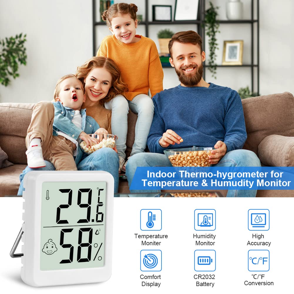 Flintronic Thermometer Hygrometer, 3PCS Digital Mini Thermometer and Hygrometer with Metal Stand, Thermohygrometer with Smile Face Indicating Data for Indoor, Living Room, Baby Room, Office (White) — view 5