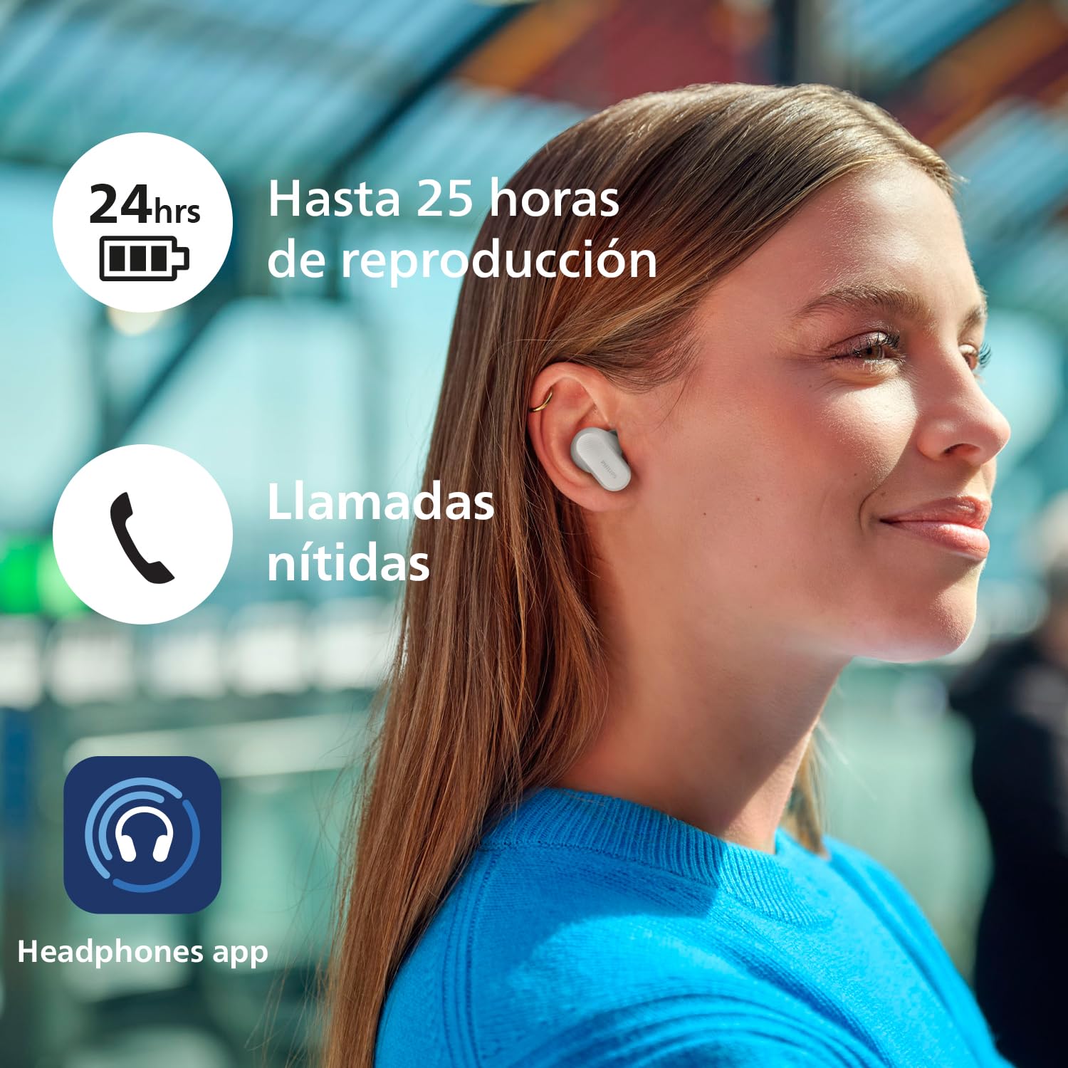 Philips TAT3509WT Auriculares Inalámbricos Bluetooth con Cancelación de Ruido - Pequeños, Sonido Natural, Graves dinámicos, Estuche de Carga de Bolsillo, Llamadas claras - Blanco
