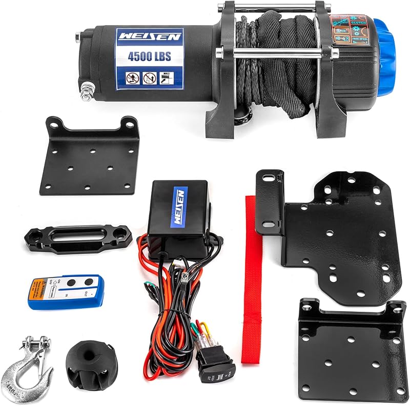 WeiSen 4500lb Electric Winch Kit Fit for Yamaha Rhino 450 660 700 2003-2013 | 12V Winch w/ Rocker Switch and Winch Mount, Hawse Fairlead and Stopper, 32ft Synthetic Line
