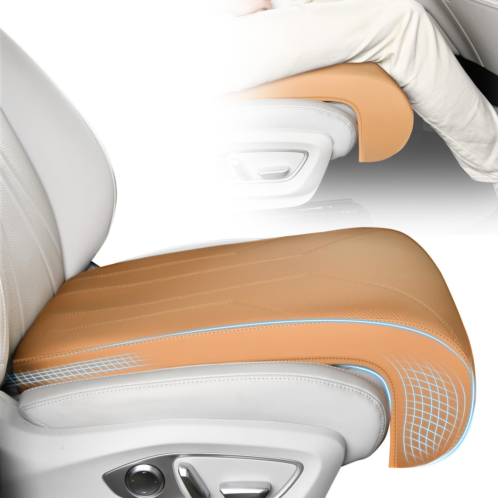 FLORICH Car Seat Extender Leg Extender Support Cushion for Driver Seats Office Chair, Leather Carseat Leg Support for Long Drivers Universal Car Seat Cushion Legs Rest Pads-Beige Brown