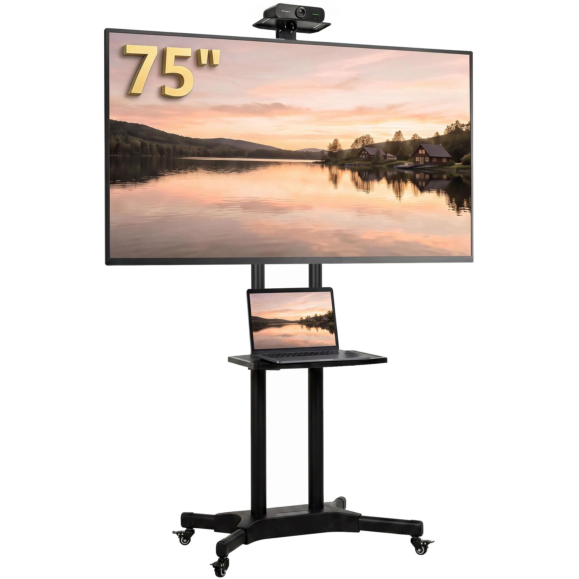 HOMCOM Soporte de TV con Ruedas para televisores de 32-75 Pulgadas, Altura Ajustable, Ruedas con Freno, Bandeja para cámara y Estante Multimedia, VESA máx. 400 x 600 mm, Negro