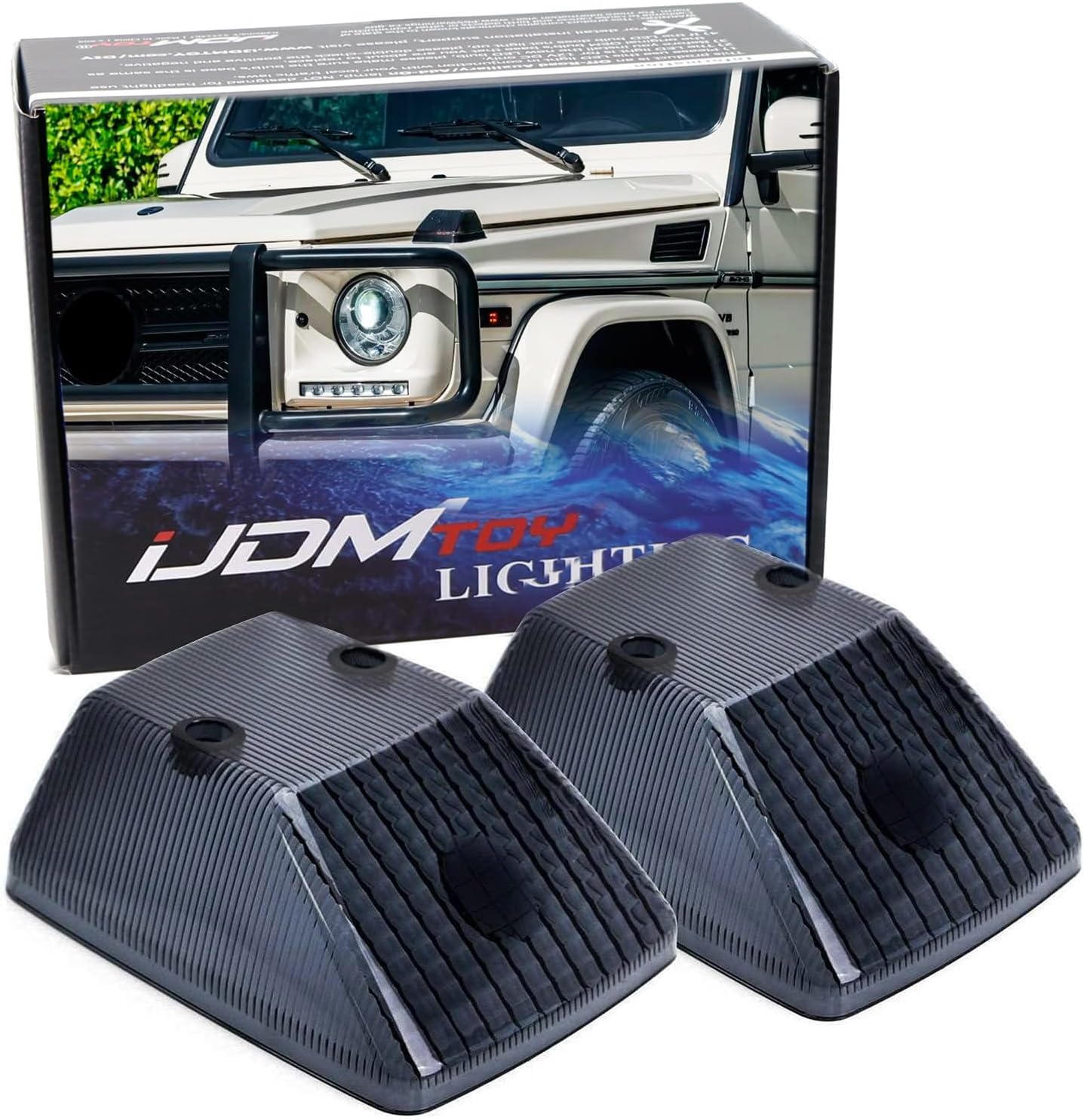 Gloss Black Front Turn Signal Lamp Lenses Compatible With 1986-18 Mercedes W463 G-Class G500 G550 G55 G63 G65, (2) Smoked OE-Spec Replacement
