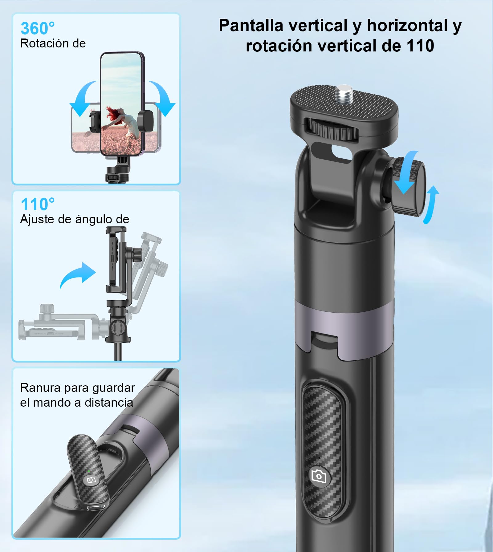 173cm Palo Selfie Tripode para Movil para Cámara Acción,Todo-En-1 Trípode Teléfono con Mando,Soporte de Iluminación Extensible de Aleación de Aluminio con Rosca de 1/4"&Montura para Zapata Fría-Nergo