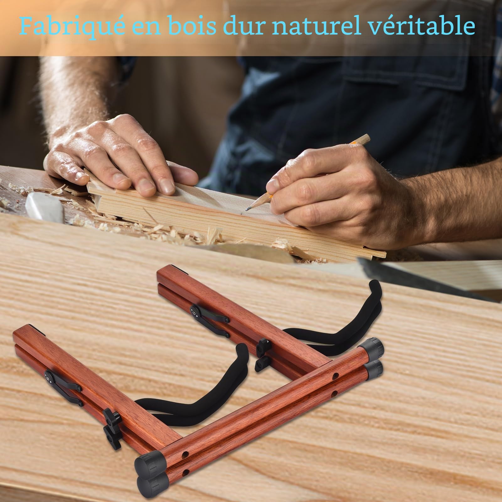 Double Support Guitare, Supports de Guitare en Bois pour Guitares Multiples, Guitares Acoustiques, Basse, Guitare Electrique, Support de Guitare Acoustique pliable en A, Facile à Assembler