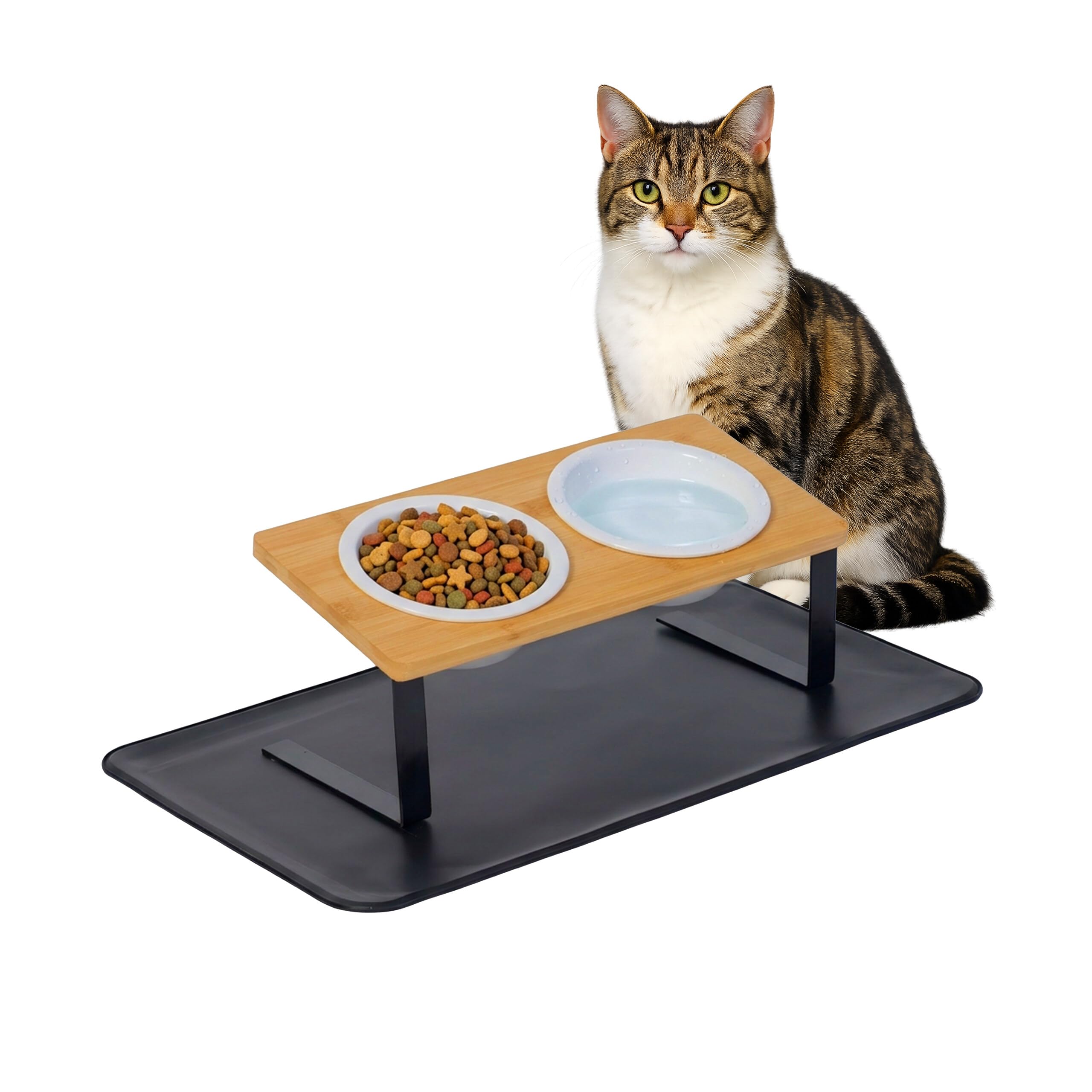 Gamelle surélevée pour chat en céramique blanche avec support en bambou