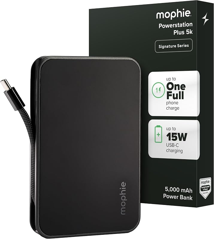 Cargador portátil Powerstation Plus mini 5K, serie Signature | Power Bank de 5000 mAh para iPhone 17/16, cable USB-C integrado, carga rápida de 20 W, materiales de primera calidad, compatible con aerolíneas