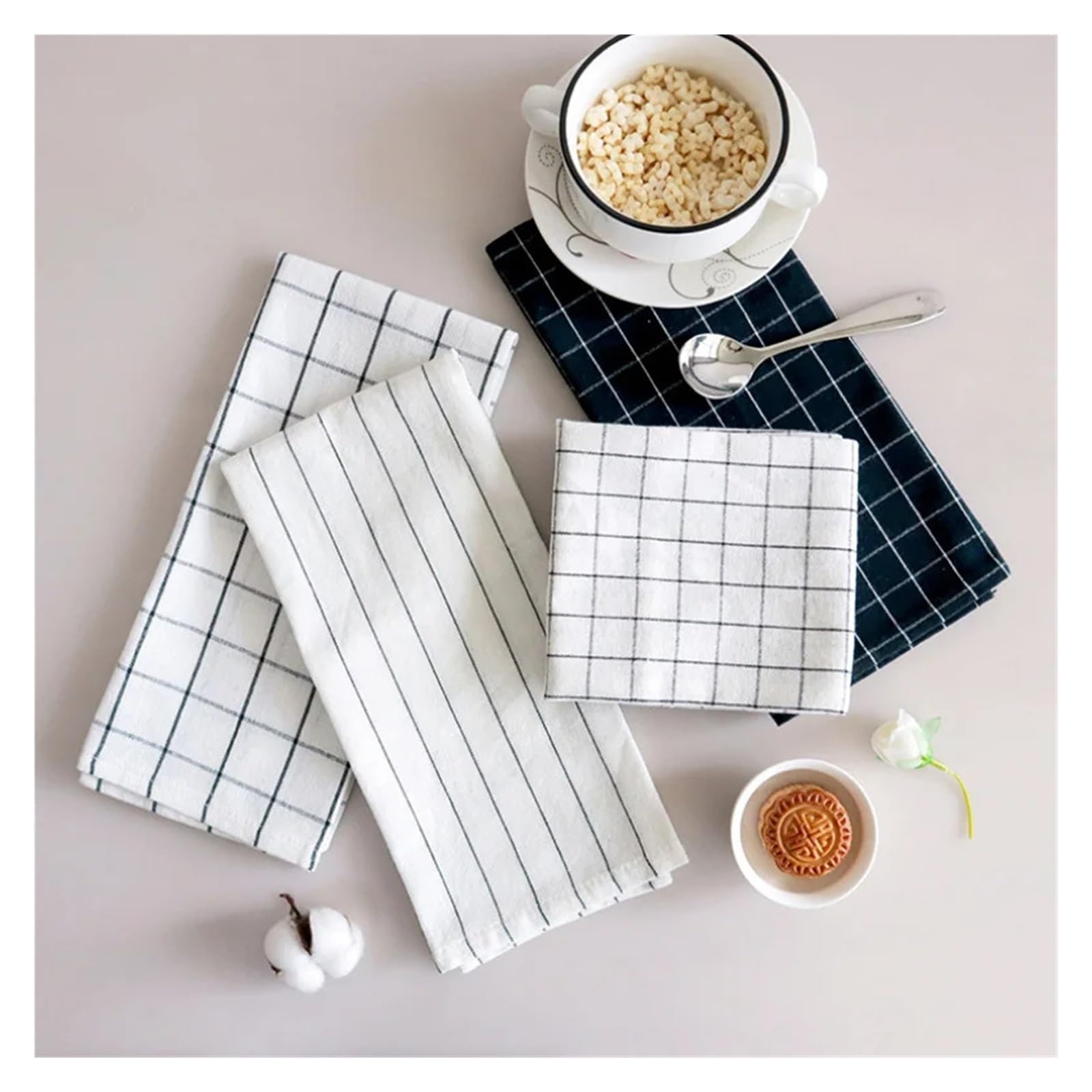 küchenhandtücher 4/8/12 Stück 45 cm x 62 Küchentuch | Schwarz-weiß gestreiftes Geschirrtuch mit Karomuster(8Pcs)