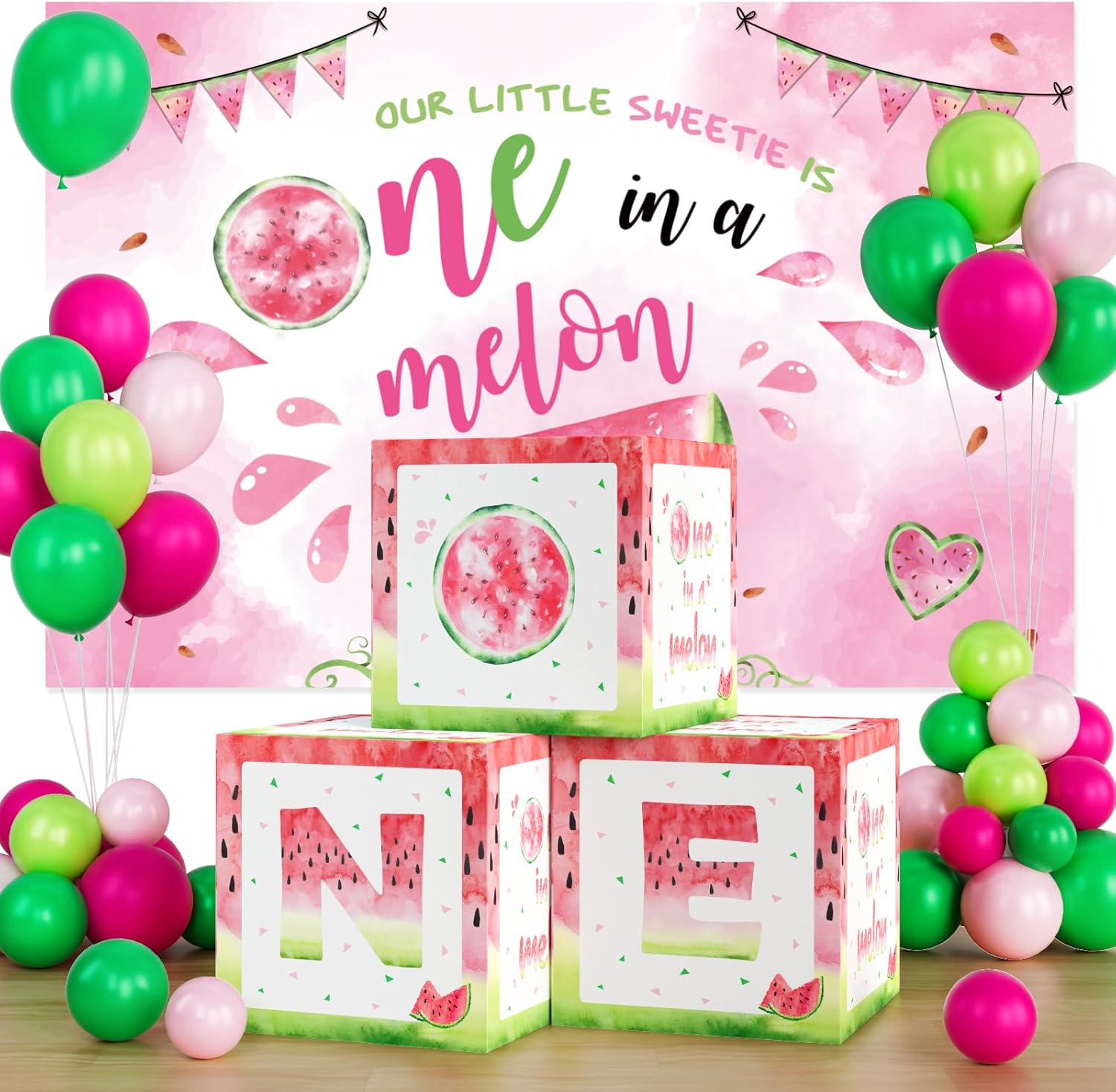 Party Inspo One In A Melon Party Decorations, First Birthday Decorations for Girl, Watermelon 1st Party Decor, Our Little Sweetie Is One In a Melon Backdrop Balloon Banner Cake Topper Box Poster Crown