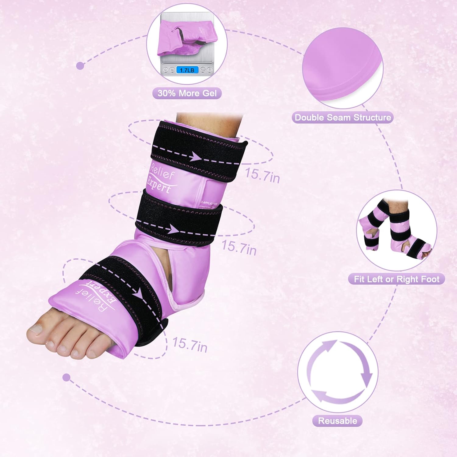 Relief Expert Ankle Ice Pack Wrap – Reusable Cold Gel Pack for Foot and Heel, Dual-Sided Design with Soft Plush Lining, Flexible Cold Compress for Achilles and Ankle Support, Pink