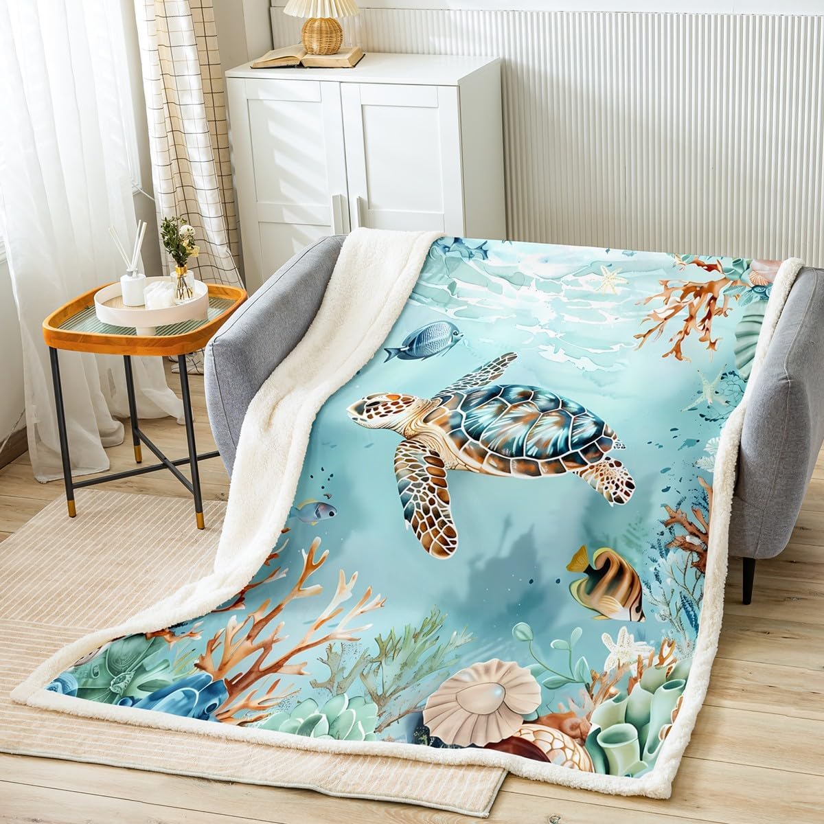 Feelyou Sea Turtle Fleece Throw Blanket Queen 90"x90" Summer Theme Plush Blanket for Bed Sofa Couch Fish Marine Themed Sherpa Blanket Underwater Animal Fuzzy Blanket Ocean Creature
