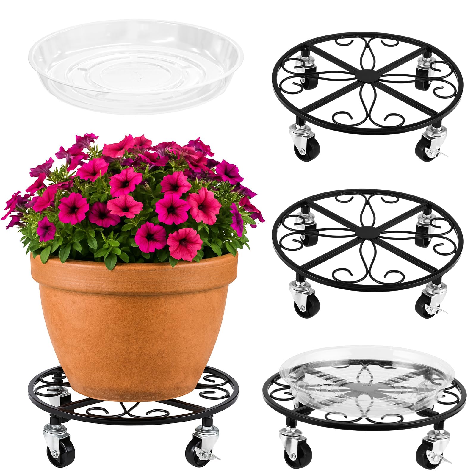 4 Pack Plant Caddy with Wheels 13.5 Inch Rolling Plant Stand for Large Plants Heavy Duty Plant Rollers Metal Plant Dolly Rustproof Planter Stand Wrought Iron Plant Stands Flower Cart Indoor Outdoor