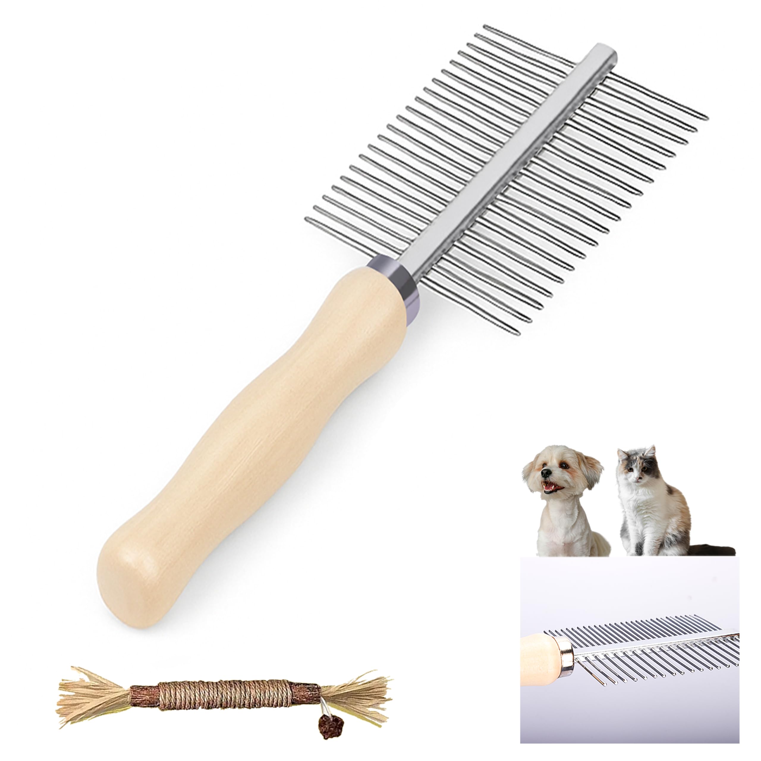 Double Row Undercoat Rake for Dogs &amp; Cats - Wooden Handle Metal Dog Comb, Pet Grooming Dog Rake for Deshedding &amp; Detangling