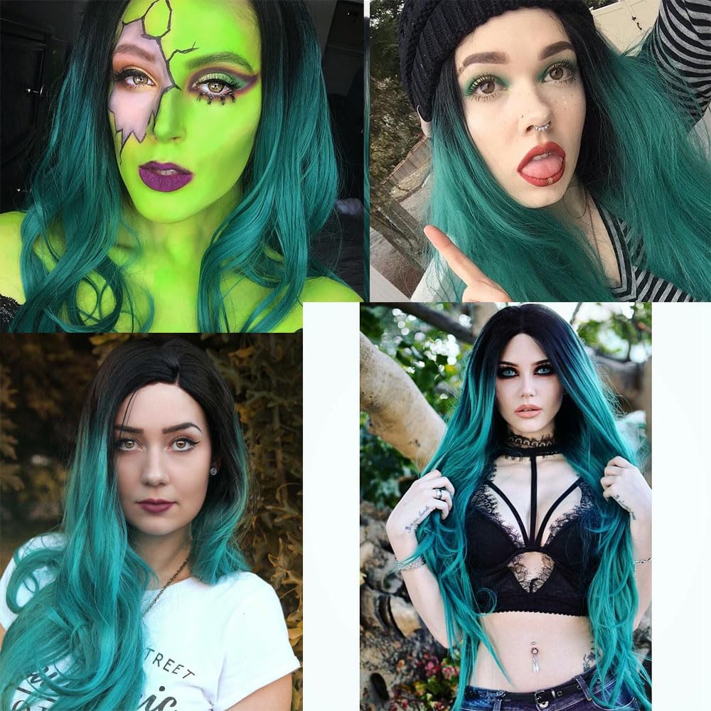 Xiweiya Wig 1B# Dark Green Body Wave Lace Front Wig Synthetic Ombre Green Heat Resistant Fiber for Women Drag Queen 24" - Image 4