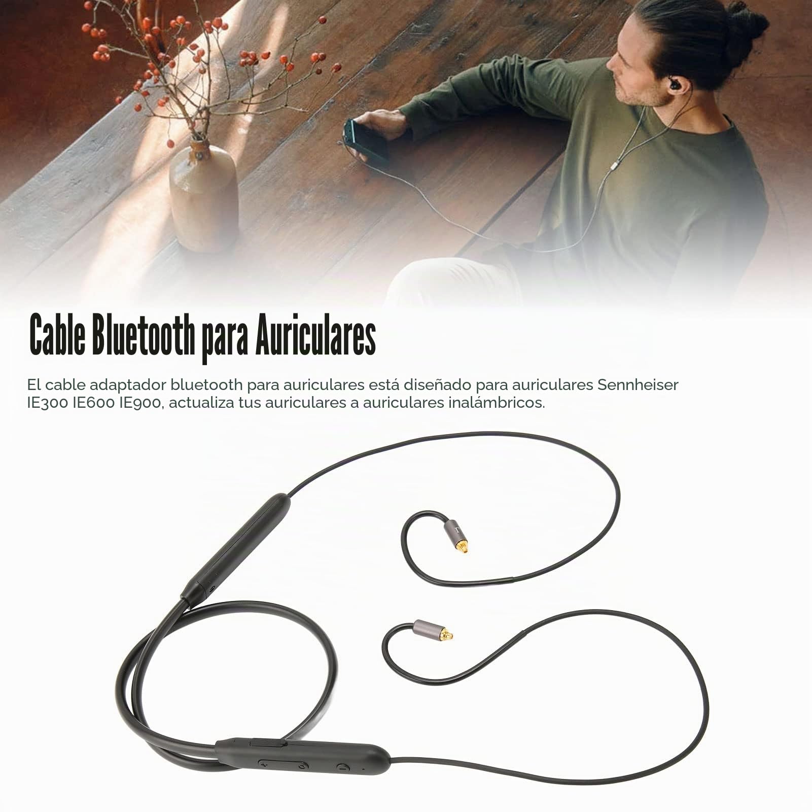 Cable Adaptador de Auriculares Bluetooth 5,0, Cable MMCX de Auriculares Inalámbricos con Micrófono y Controlador para Sennheiser IE300 IE600 IE900