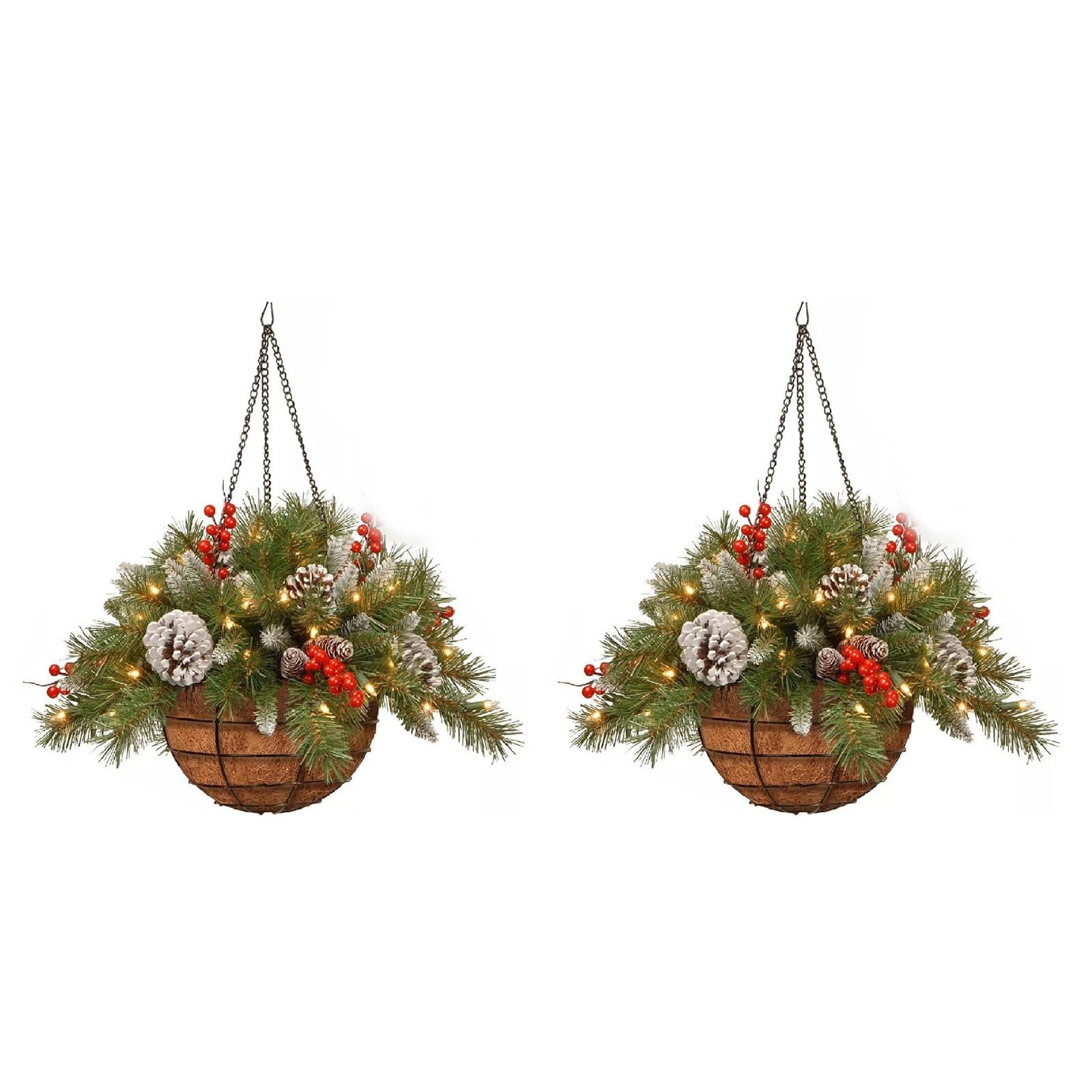 Cesto Natalizio da Appendere All'aperto con Bacche Rosse E Pigne Fioriera Artificiale Pre-illuminata con Luci a LED per Decorazioni per Design Resistente alle Intemperie Bacche Rosse