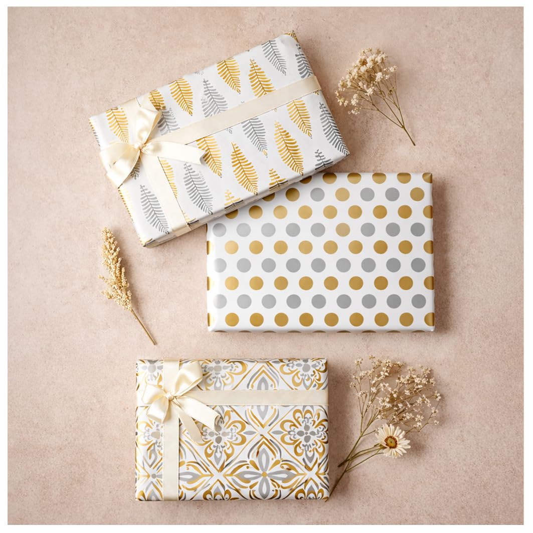 AccuPrints Pack of 6 Gift Wrapping Paper - Gift Paper - Gift Wrap Roll - Gift Papers Sheets -Premium Design Paper sheet for Gift Packing, Mix, Gold Theme (Gold Design)-image-38