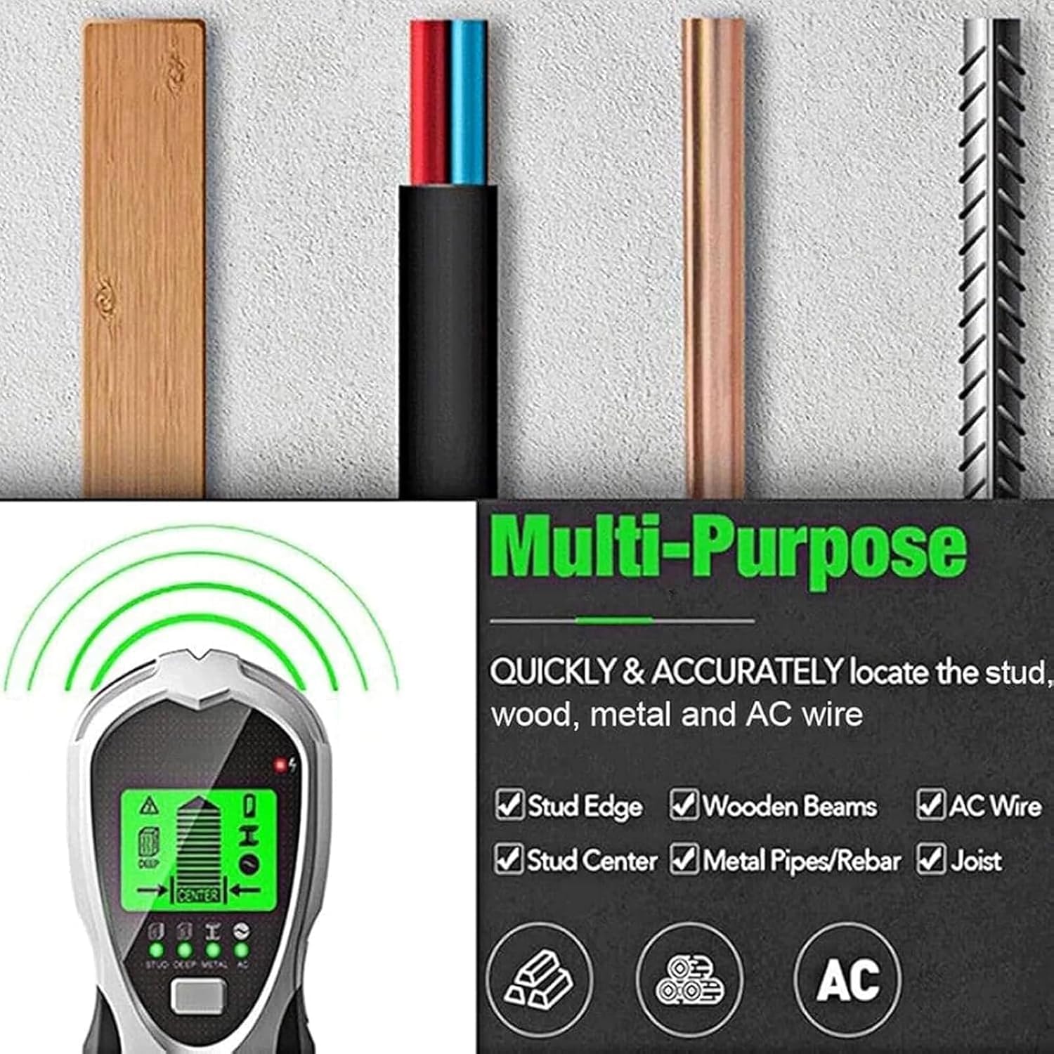 Détecteur Mural De Goujons, Outil De Recherche De Fils, Détecteur De Goujons Et Scanner avec Écran LCD, 5 Modes Et Alertes en Temps Réel, Recherche Centrale pour Le Bois AC Live Wire Metal