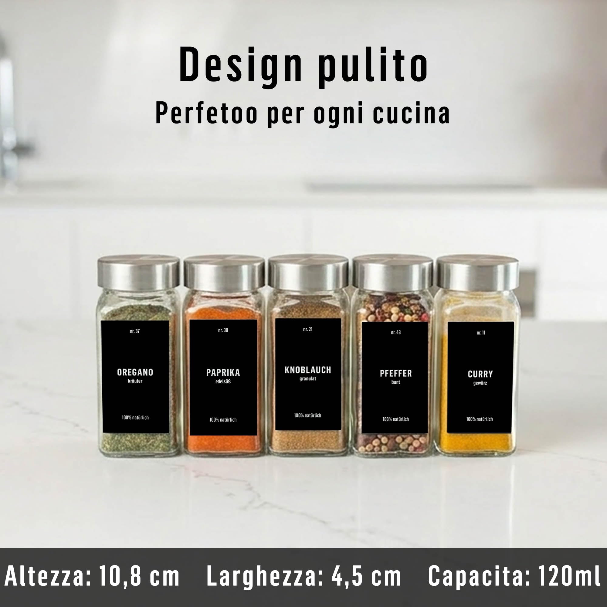 Deco haus® Set da 12 Contenitori per Spezie con Tappo a Vite - Kit per Condimenti con Etichette, Imbuto, Spazzola, Pennarello - Barattoli Portaspezie Piccoli in Vetro Trasparente da 120ml, 10,5x4,3 cm