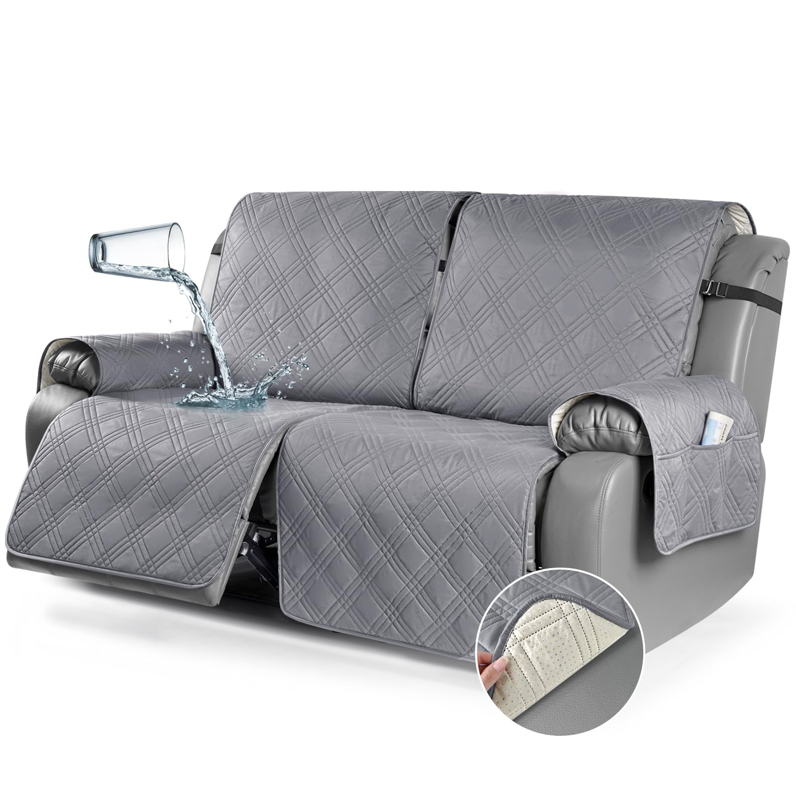 TAOCOCO 100% Waterproof Oversized Loveseat Recliner Cover, Non Slip Split Couch Covers for Reclining Loveseat with Elastic Straps for Kids Pets(Oversized 2 Seater, Gray)