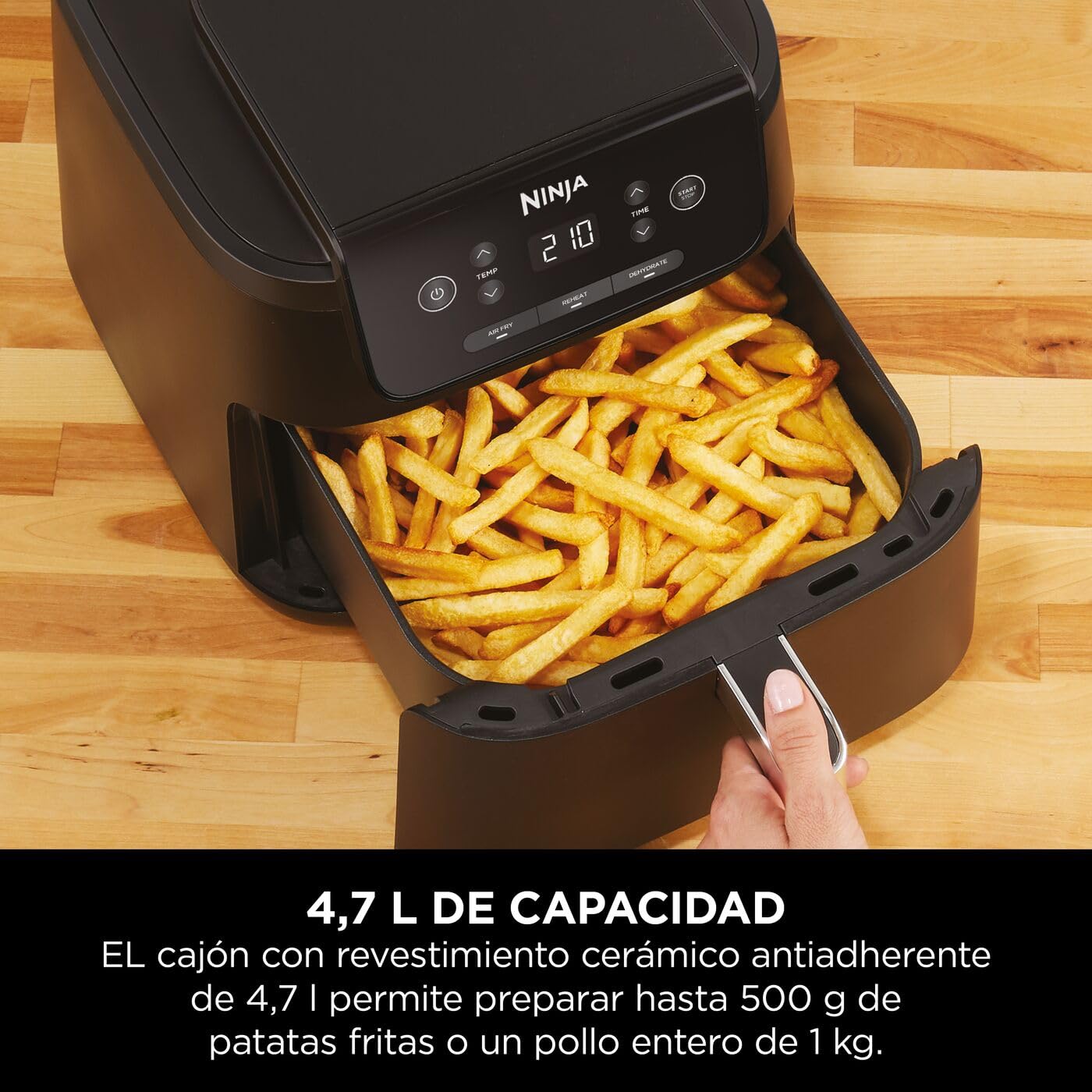 Ninja freidora de aire de 4,7 l, monocajón, 3 en 1, fríe con aire, recalienta, deshidrata, 1-2 personas, digital, cocina sin descongelar, cajón y rejilla antiadherentes, 2000W, negra AF110EU