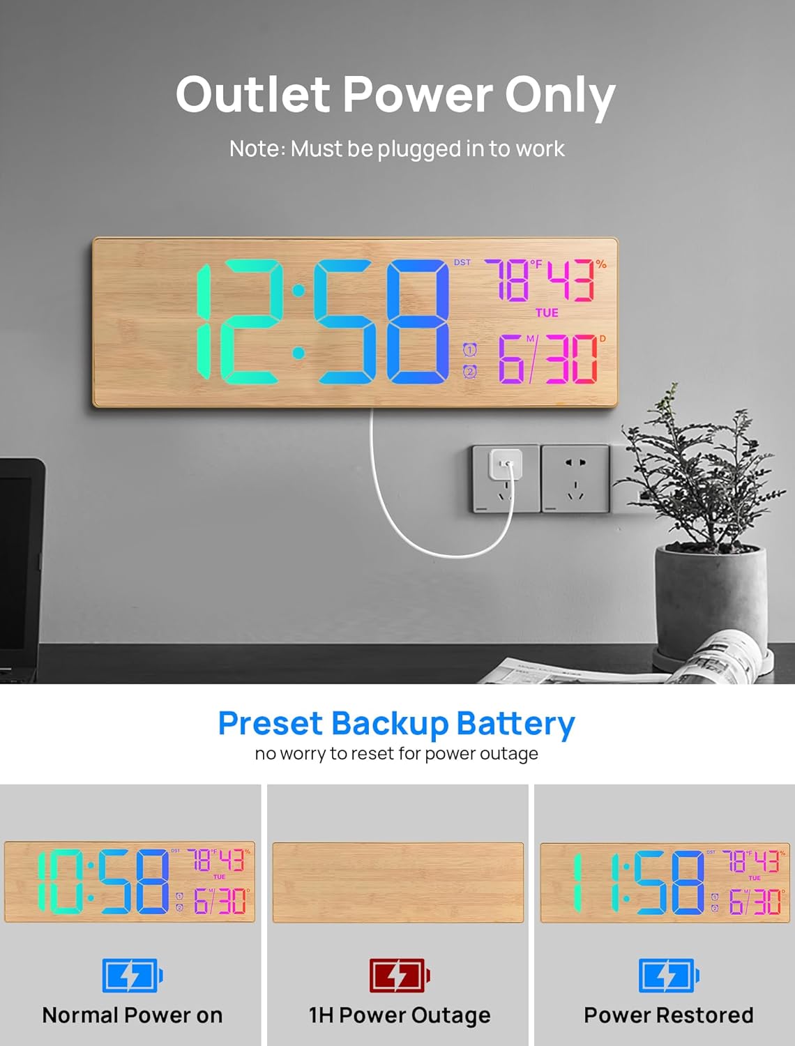 MASHI 18.5 Large Digital Wall Clock with Remote Control, Dual Alarm with Big LED Screen Dispaly,10 Adjustable Brightness, DST, Date Week,Temp for Living Room, Bedroom, Gifts for Elderly (Bamboo)