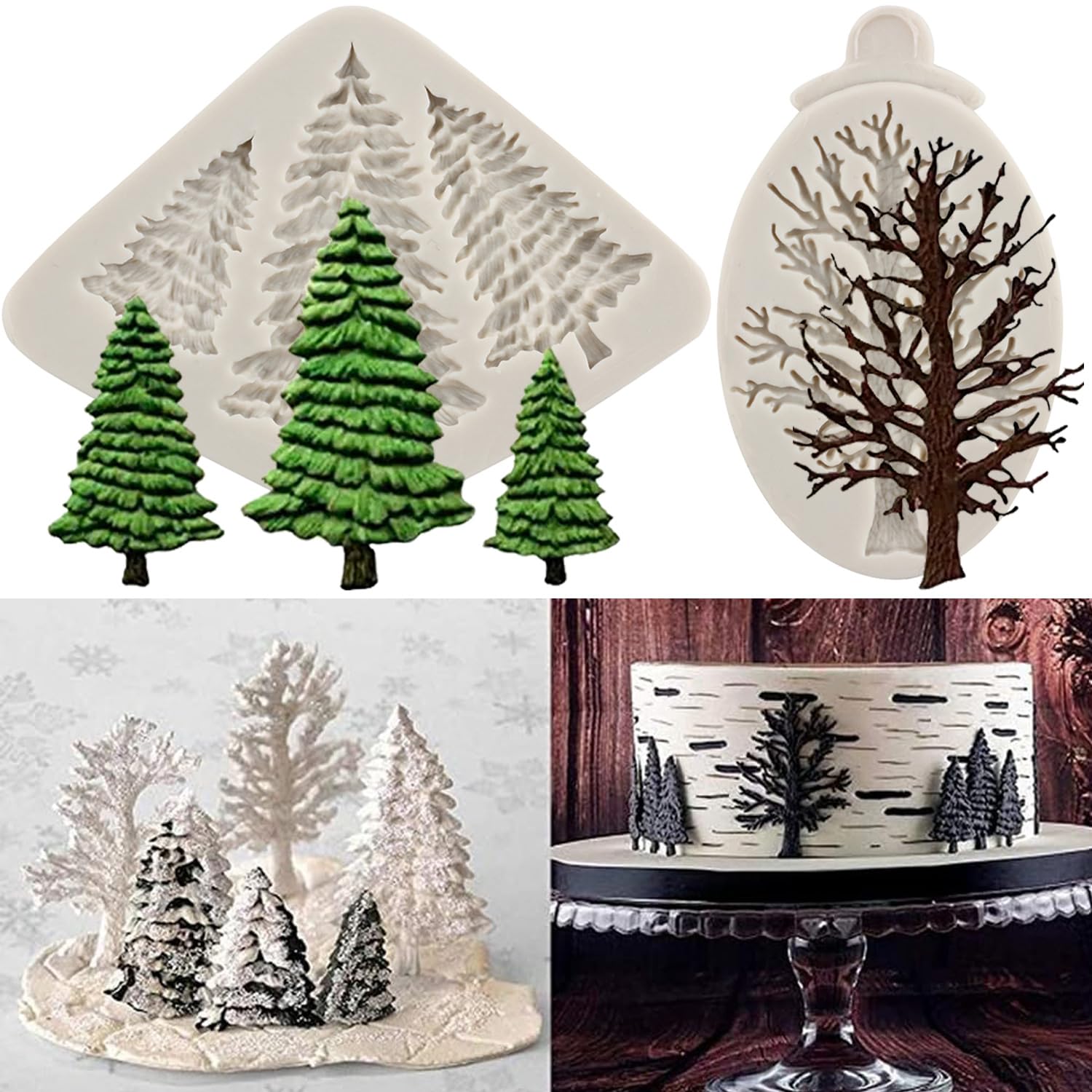 MYPRACS Christmas Tree Fondant Cake Silicone Mould Xmas Birthday Party DIY Cake Decorating for Chocolate Candy Sugarcraft Cupcake Topper Pastry Polymer Clay Gum Paste Baking Set of 2