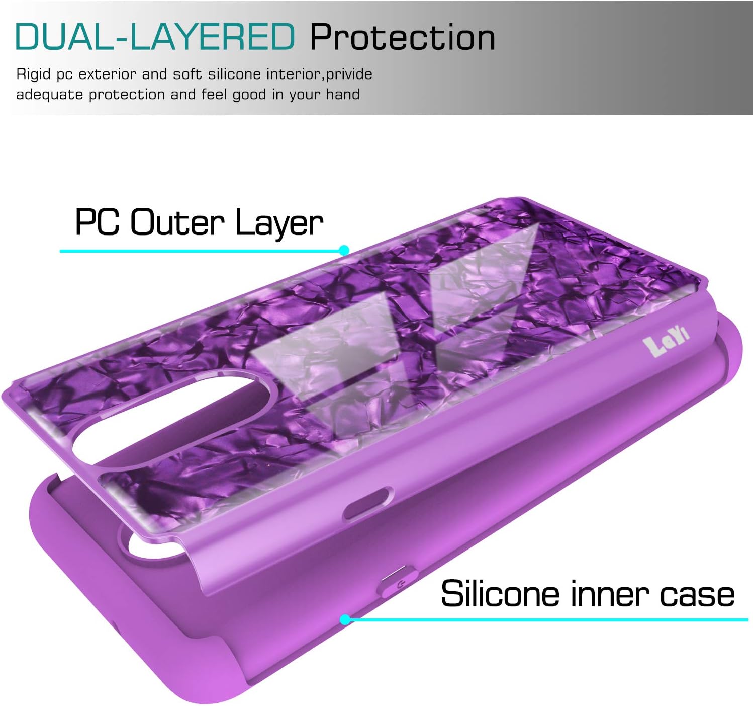LeYi LG Stylo 4 Case, LG Stylo 4 Plus Case, LG Q Stylus/LG Stylus 4 Case with Tempered Glass Protector [2 Pack] for Girls Women, Glitter Seashell Pattern Marble Phone Case for LG Stylo 4 BKW Purple