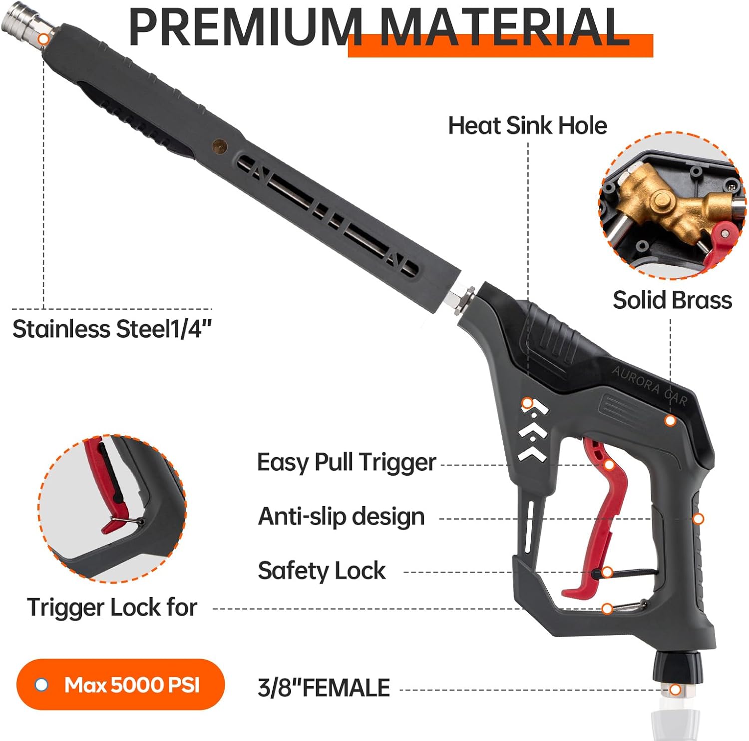 AURORA CAR Pressure Washer Gun with Swivel, with Replacement Wand Extension, with M22 14mm & 15mm Fitting, 3/8" Quick Connect Plug, 5 Nozzle Tips with Nozzle Holder, 5000PSI, 41 Inch, Stainless Steel