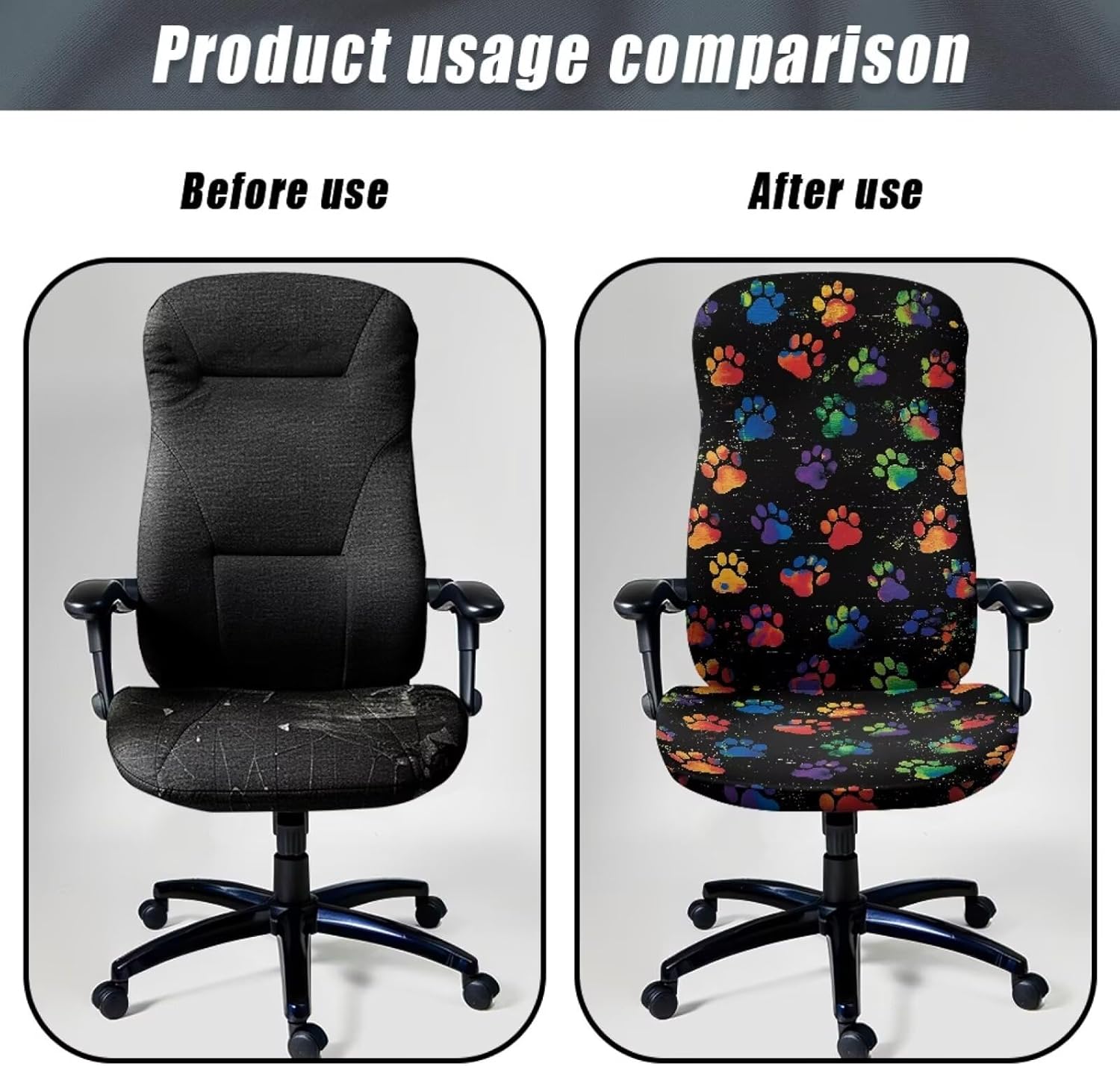 Colorful Dog Paw Print Office Chair Cover Stretchable Removable Computer Chair Back Covers Anti-Dust High Back Office Desk Chair Slipcovers for Office Home, Large