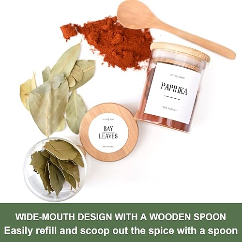 Miniatura 5 de GMISUN - Tarros de especias con tapas de bambú, paquete de 20 recipientes de especias de vidrio de 2.5 onzas con etiquetas, pequeñas botellas