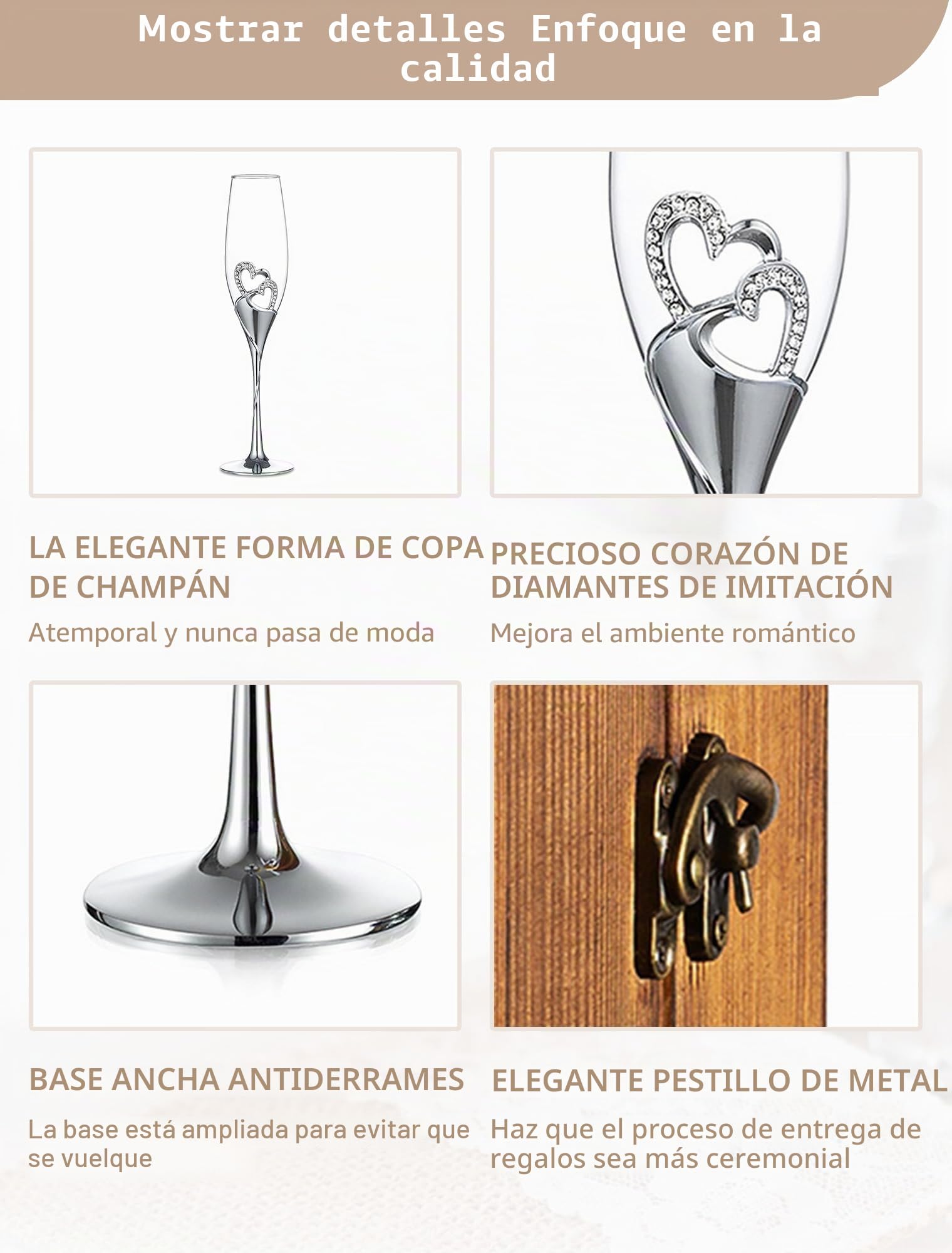 Nuptio Copas champán personalizadas para bodas: con Caja Regalo Madera, Juego De 2 Copas Prosecco Cristal, Regalo de plata de Compromiso, Brindis, Aniversario y Fiesta Despedidas De Soltera