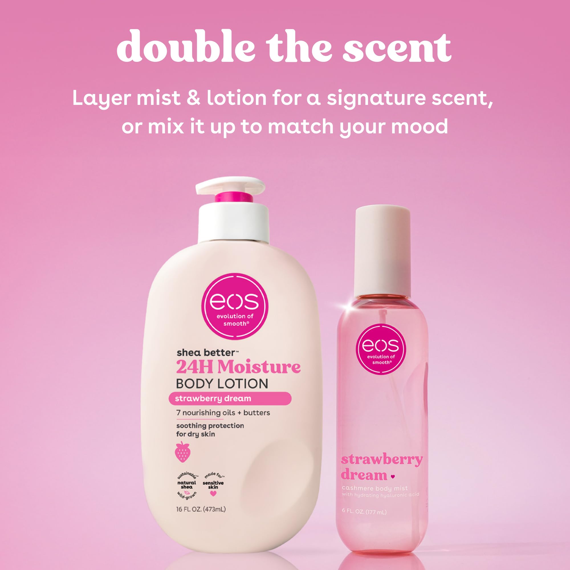 eos Cashmere Body Mist, Strawberry Dream, Body Spray for Women, Strawberry Perfume, Hair Mist, Moisturizing, Hyaluronic Acid, Glycerin, Vegan, Cruelty-free, 6 fl oz