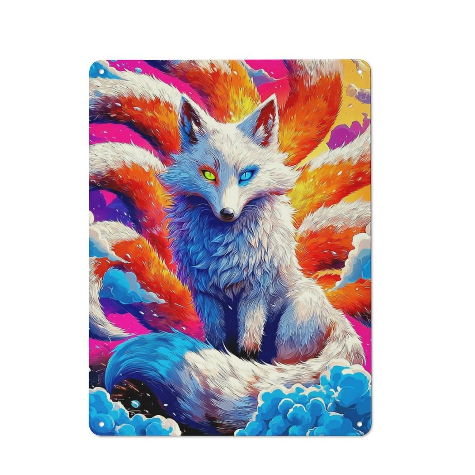 Junmoney Colorful Fantasy Fox Artwork -1 Metal Sign 40X30cm With For Workshop Wall, Rustic Decor, Wall Decoration For Workshops And Hobby Rooms