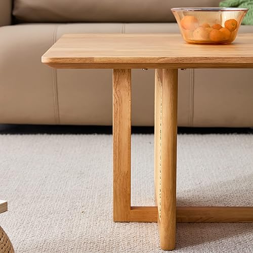 Miniatura 8 de Mesa de centro de madera moderna de mediados de siglo con soporte de ratán de polietileno, mesa de café rectangular de madera maciza de 47 pulgadas,
