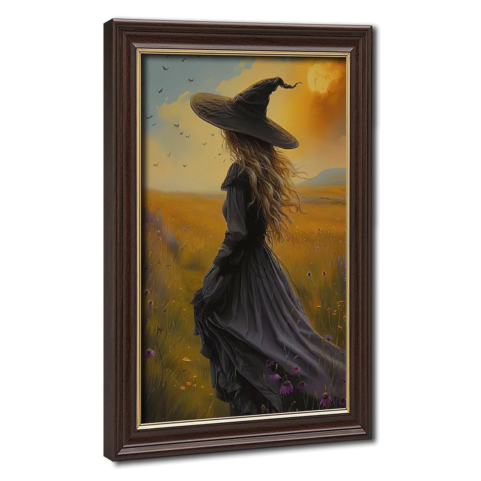 Bareronor Mokume Gane Frame-Style Vintage Witch In Flower Field Canvas Poster For Home Decor Gift