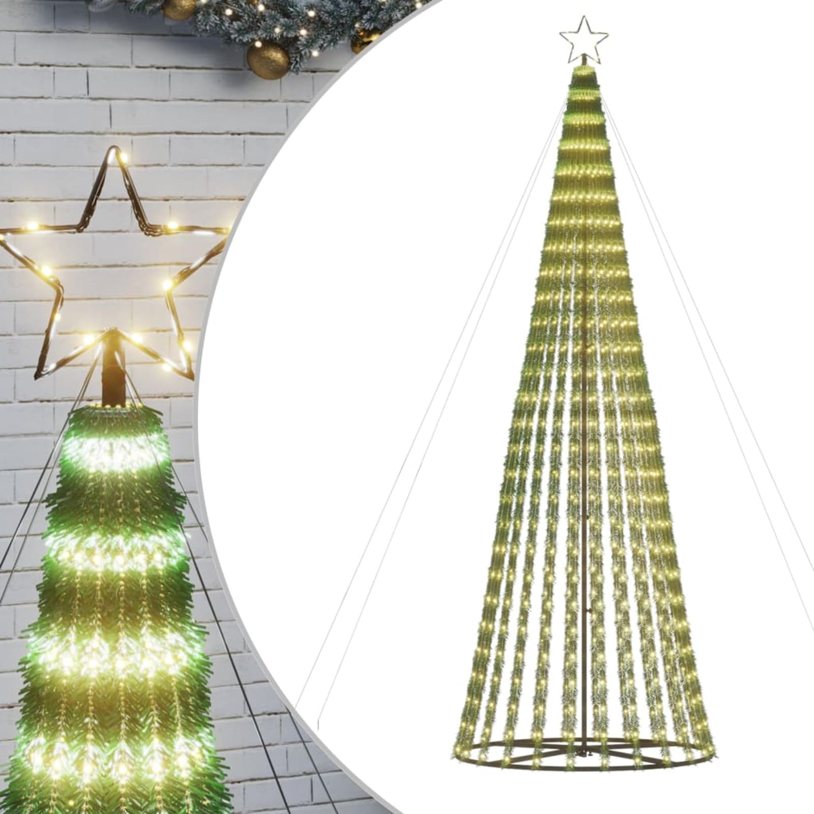 IKAYAA Albero di Natale Luminoso da Esterno 8 Giochi di Luce Struttura in Metallo Puntale a Stella Decorazioni Natalizie Interno Esterno -Bianco caldo-300 cm