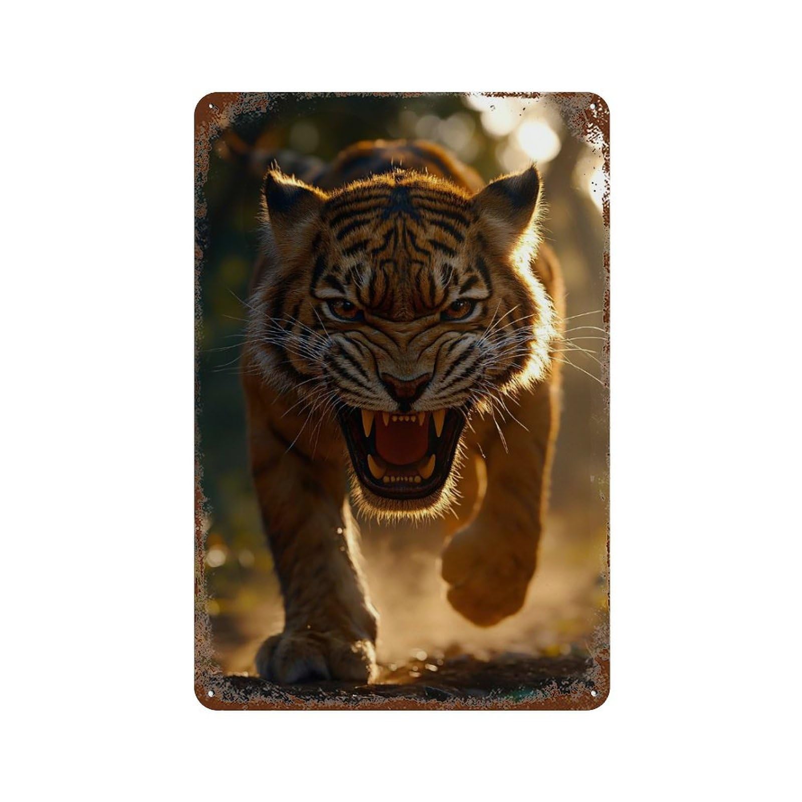 Roaring Tiger Approaching Rusty Metal Tin Sign 11.8"x7.9", Vintage Wall Decor for Garage, Pub Or Kitchen