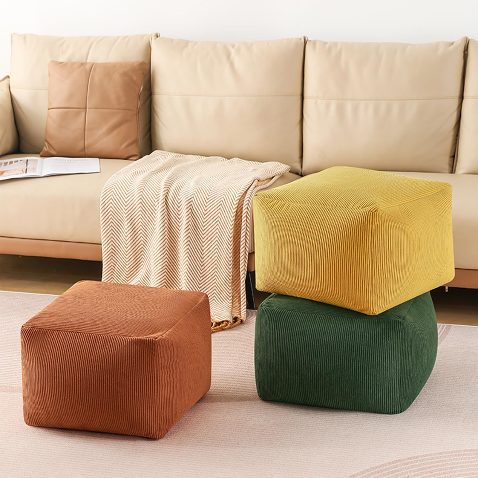 Pouf ottomano non imbottito Velluto a coste Puff Poggiapiedi quadrato Con maniglia per soggiorno, camera da letto (Verde,40-40-30cm)