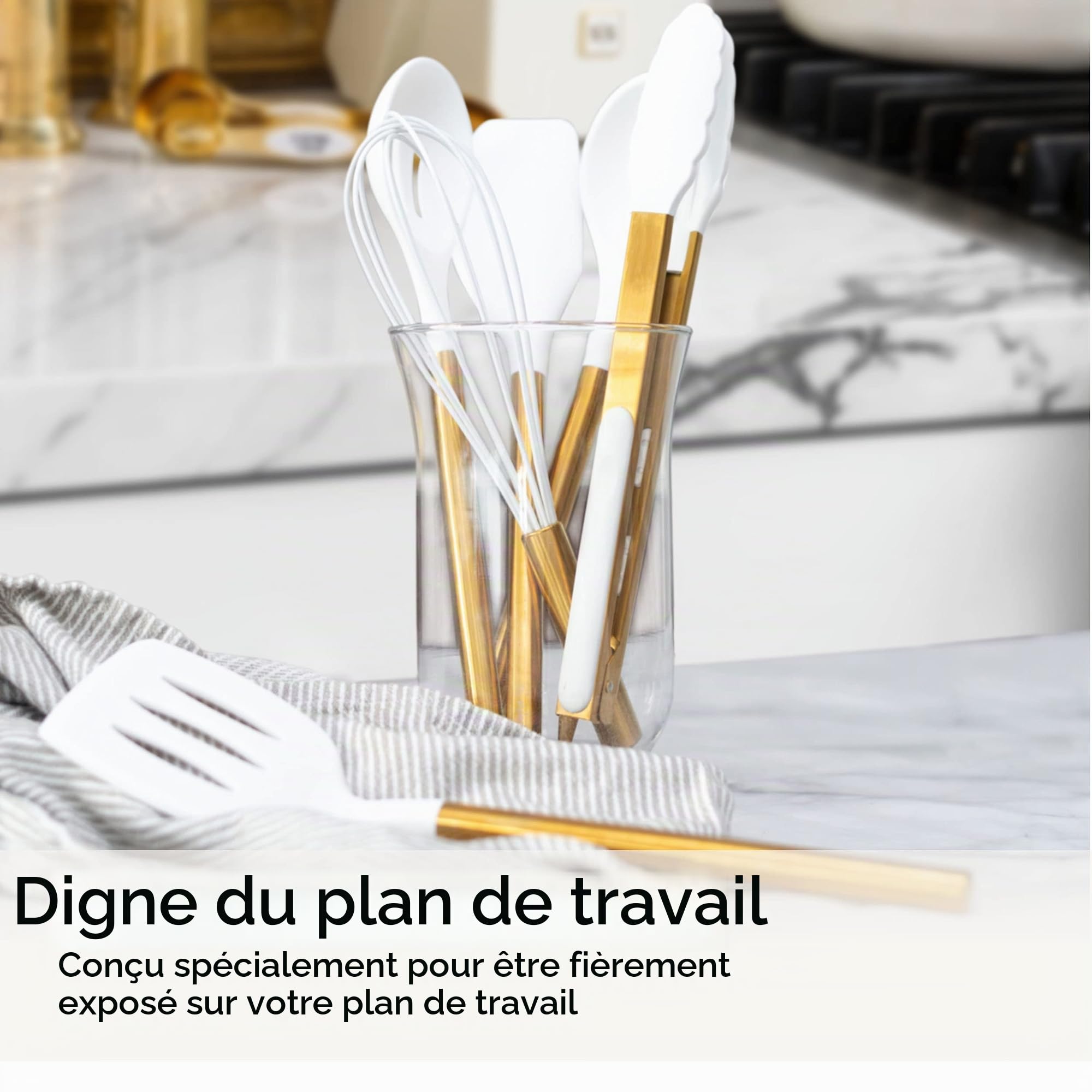 Lot de 6 ustensiles de cuisine dorés en silicone blanc et doré avec spatule, fouet, pince, cuillères, ustensiles de cuisine antiadhésifs - Accessoires de cuisine de luxe pour chefs à domicile