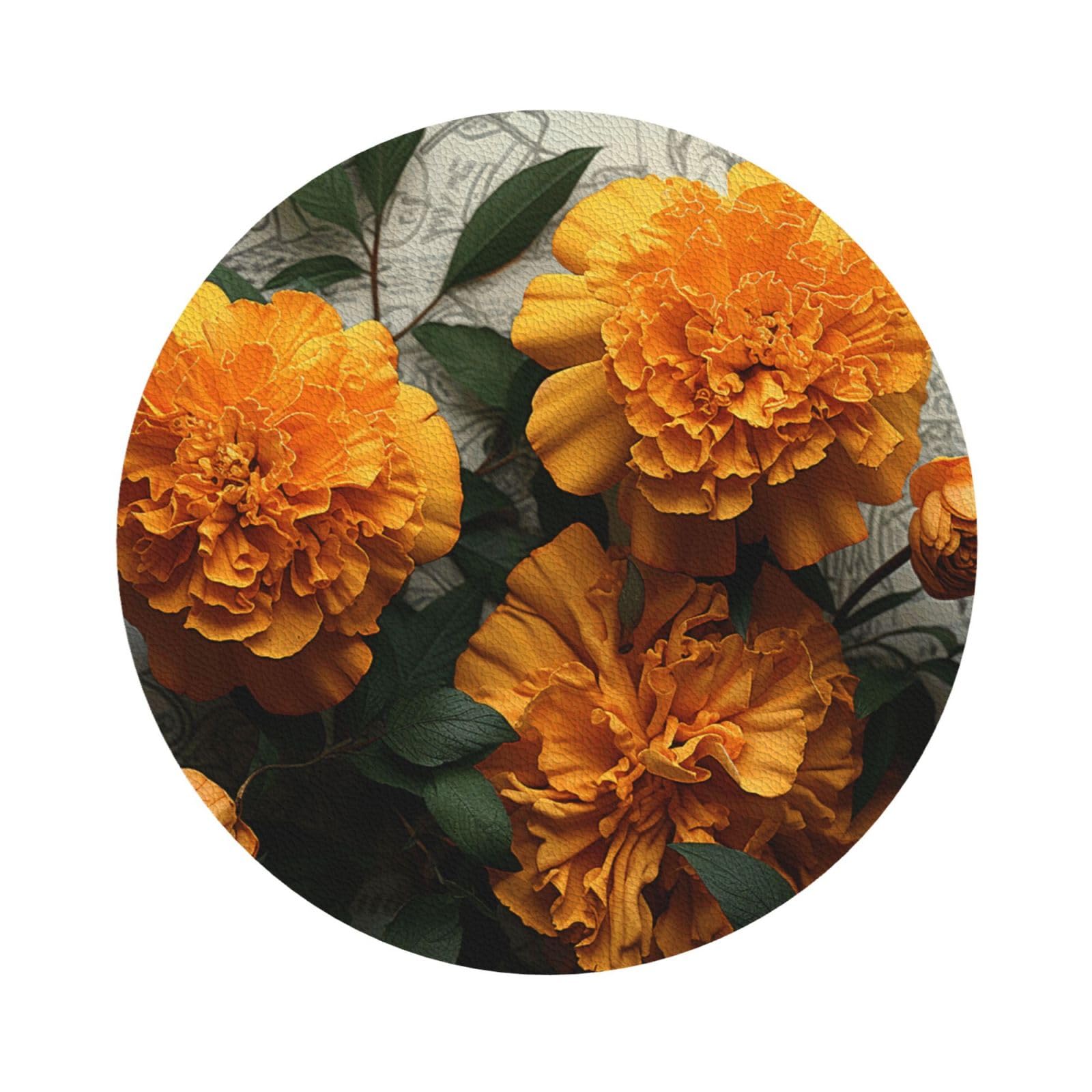 Fodpand Round Shape Marigold Drink Coasters Set Of 4, Heat Resistant Leather Coasters Fuuny Bar Beer Beverage Coaster For Drinks, Absorbent Cup Mat For Tabletop Protection, Housewarming Gift