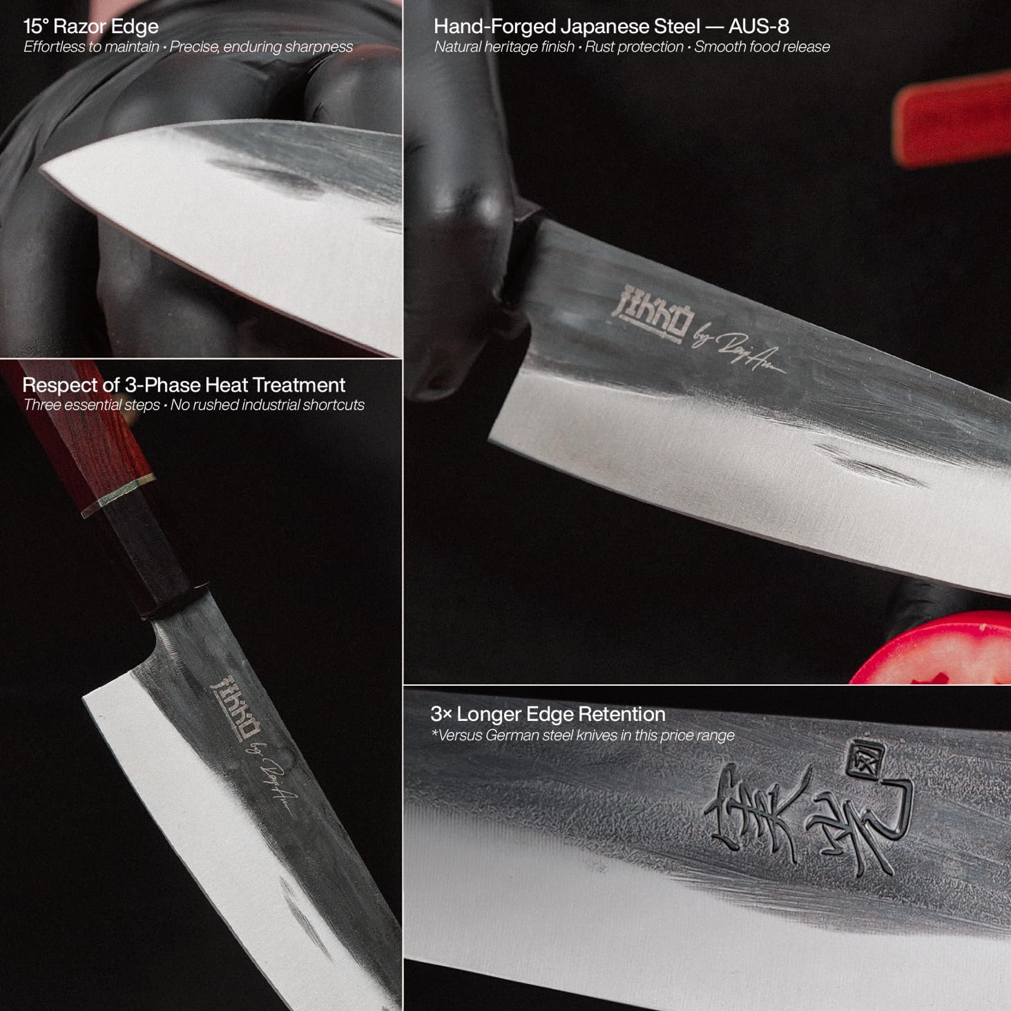 JIKKO Heritage Edition Japanisches Kochmesser Gyuto, 21 cm | AUS-8 Hochkohlenstoff-Edelstahl | Handgeschmiedete Klinge mit gehämmertem Finish | Palisander- & Ebenholzgriff | Profi Küchenmesser