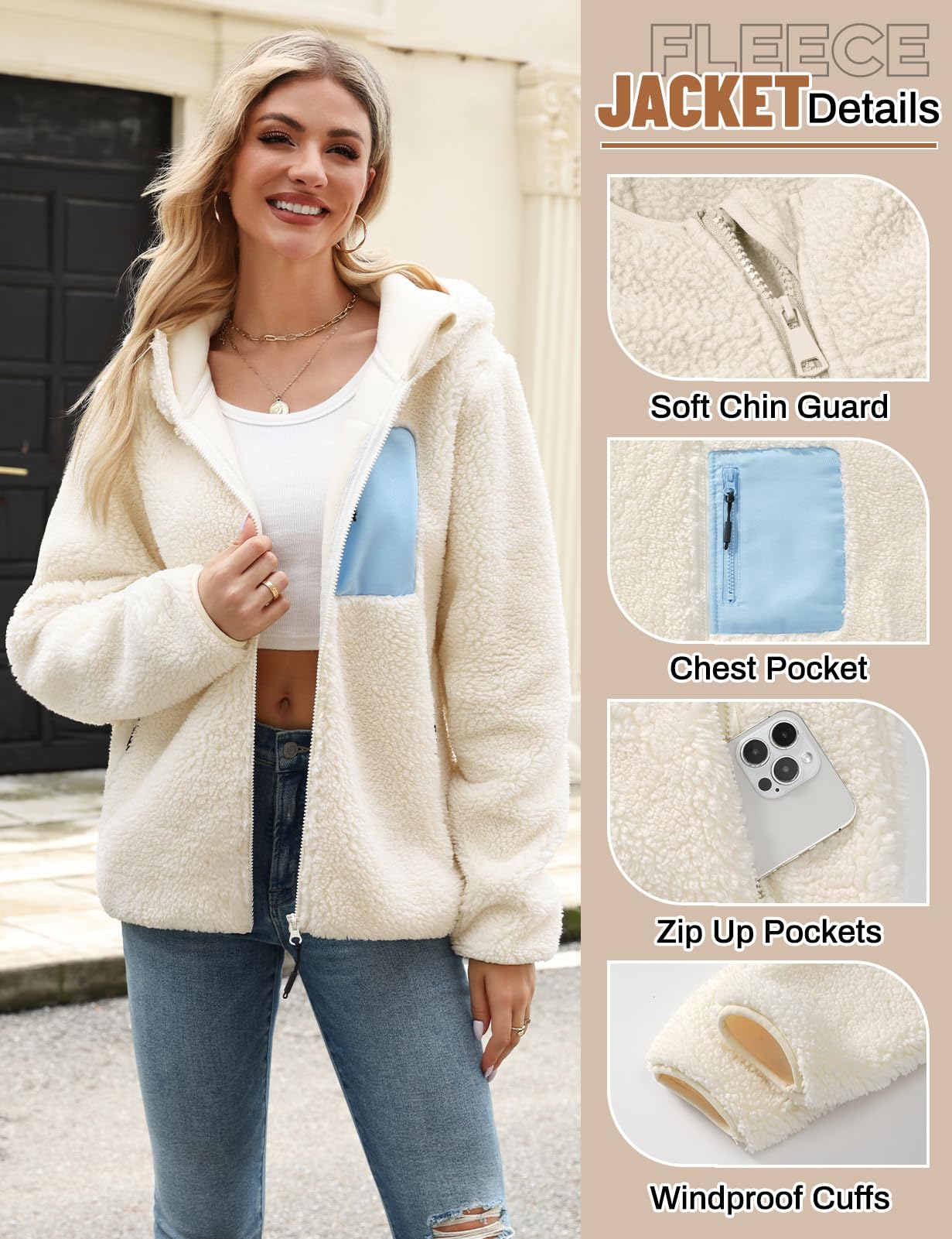 Veste Polaire Femme Hiver Sweat à Capuche Zippé Chaud Blouson Manteau Doublure Manteaux à Capuche Manche Longue Jacket Automne Casual Outwear avec Poches