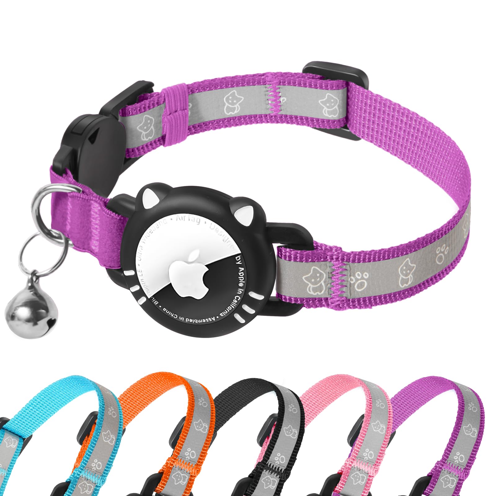 AgoumLux Collar de Gatos para Airtag，Collar Antiahogo con Soporte Apple Air Tag Reflectante Ajustable con Hebilla Seguro y Campana para Gatitos, Morado, XS