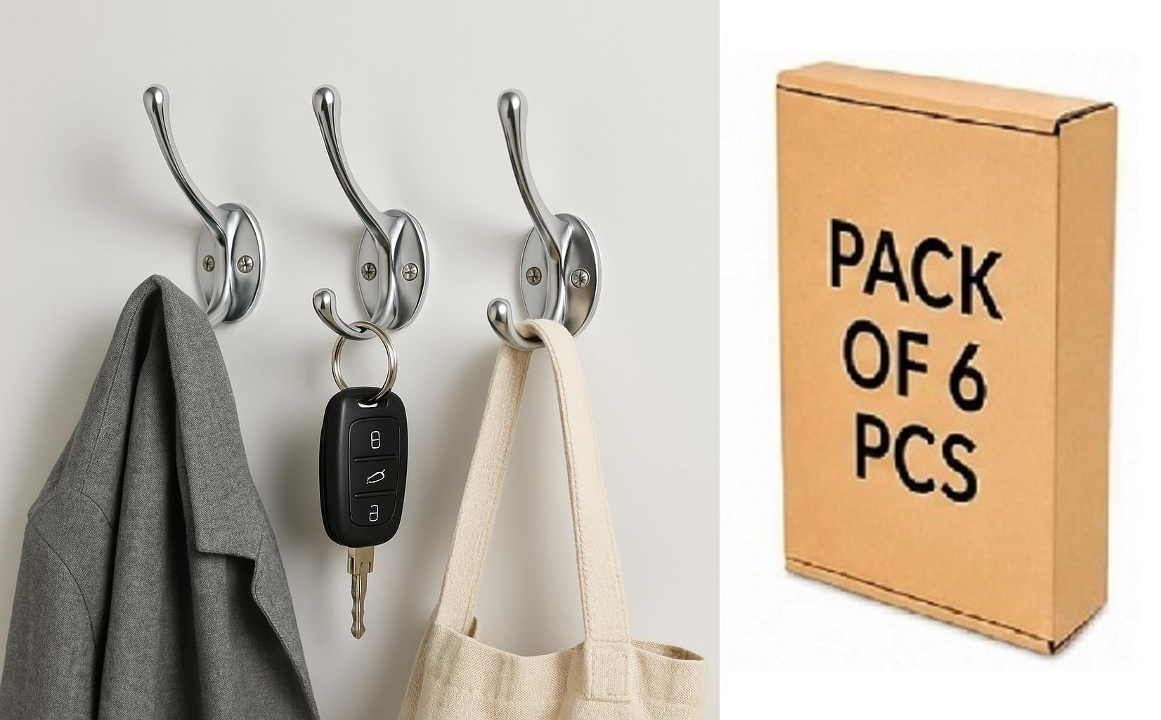 Q1 Beads 6 Pcs Stainless Steel Wall Hook Hanger Heavy Duty Coat Hooks Dual Prong Retro Double Utility Rustic Hooks for Coat, Scarf, Bag, Towel, Key, Cap, Cup, Hat (Chrome)-picture-20