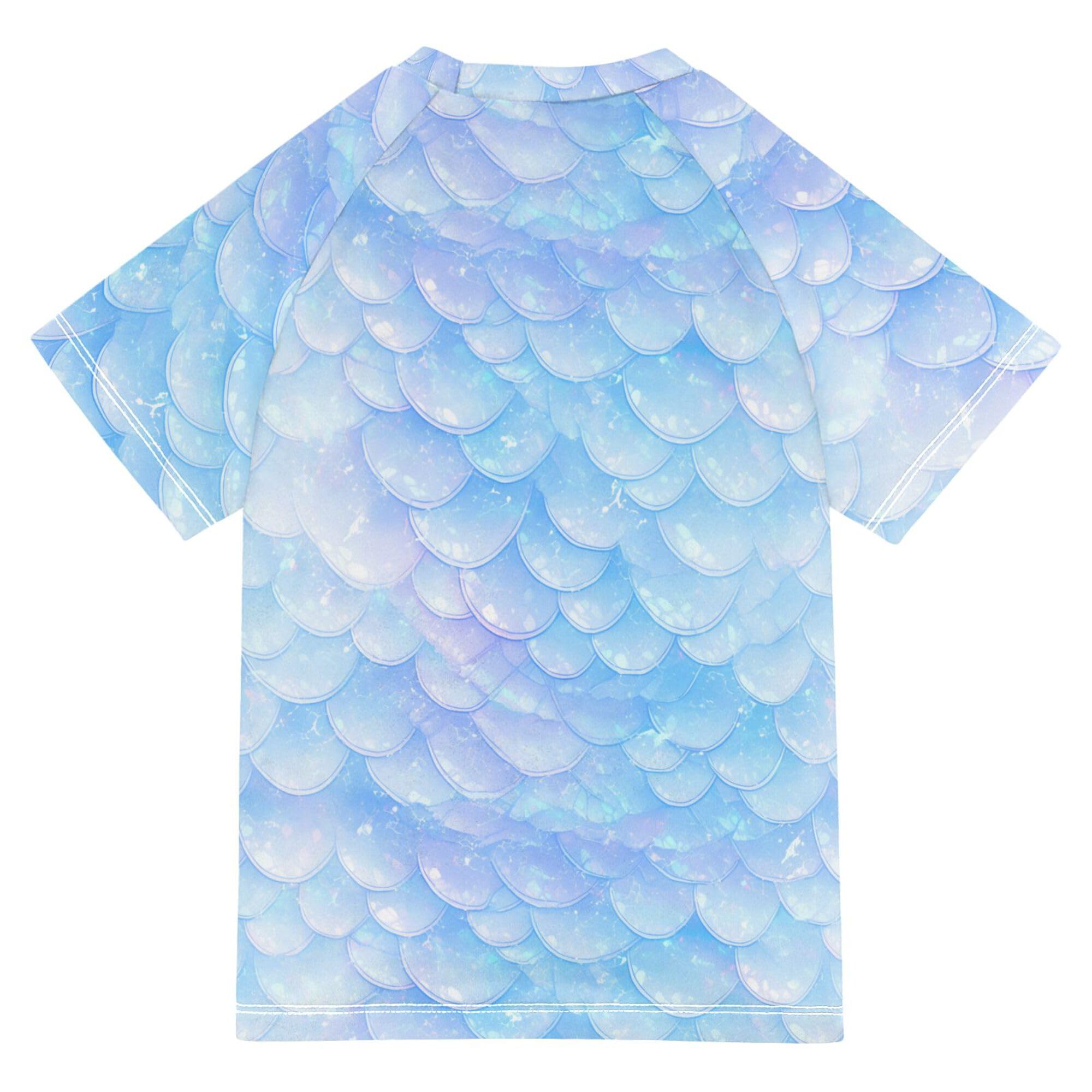 Wudan Blue Dragon Scales Shimmering Kids Bathing Suits Girls Short Sleeves Teen Rash Guard Swimsuit Swimwears Volleyball Shirts for Big Boys 11-12Y