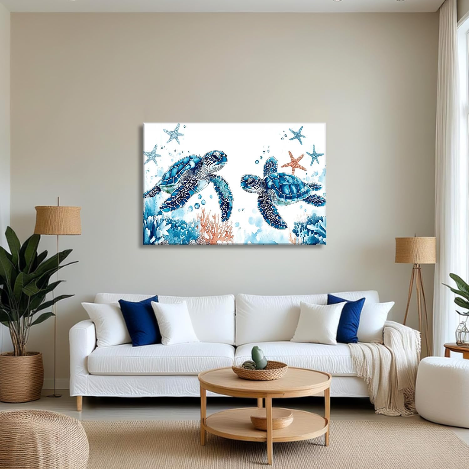 Sea Turtle Canvas Wall Art Ocean Wall Decor Framed Two Sea Turtles Corals Starfish Picture Coastal Painting Watercolor Prints for Living Room Bathroom Ready to Hang - 12.00"x18.00"
