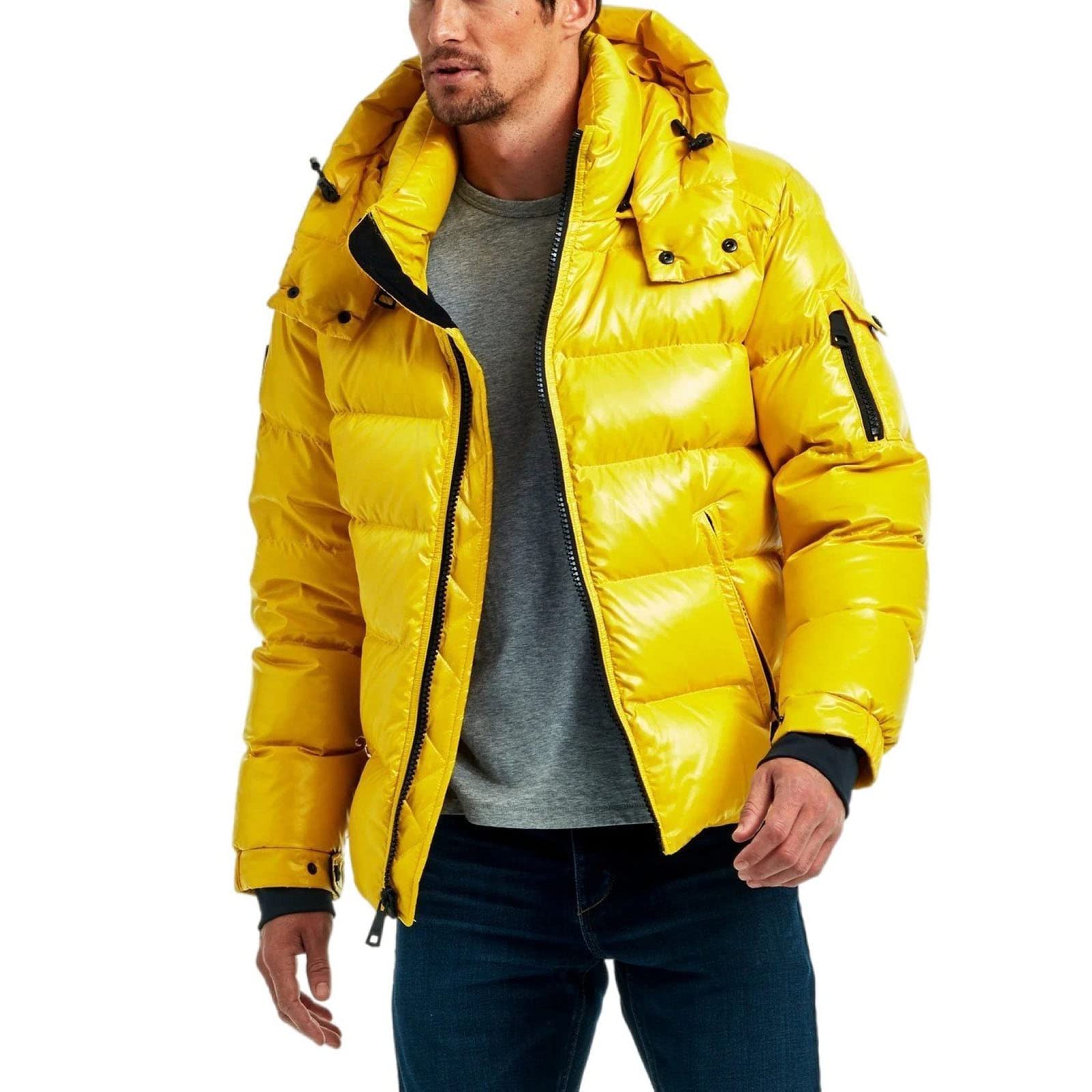 sunongvt Shiny Down Jacket for Men,Winter Waterproof Hooded Full Zip Warm Puffer Jacket Windproof Stand Collar Casual Coat,Yellow,M