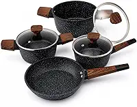 Conjunto de Panelas Antiaderente Granito Preto 4 Peças com Tampa Vidro Cabo Madeira – Jogo Panelas Pedra Cerâmica Frigideira Caçarola