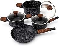 Conjunto de Panelas Antiaderente Granito Preto 4 Peças com Tampa Vidro Cabo Madeira – Jogo Panelas Pedra Cerâmica Frigideira Caçarola